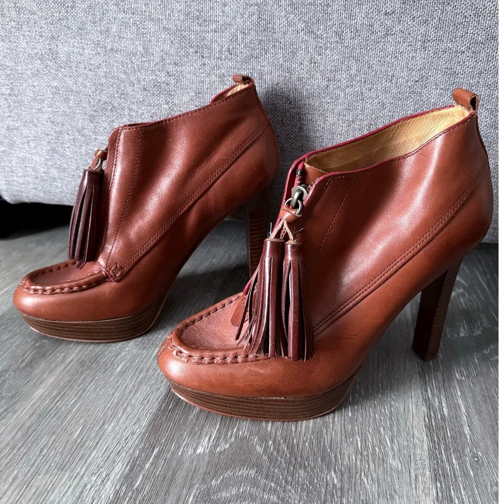 Coach Brown Leather Tassel Heeled Booties